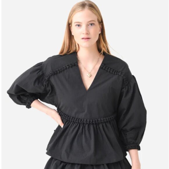 RHODE 'Arya' Balloon-Sleeve Cotton-Blend Peplum Top, Black - Picture 1 of 4